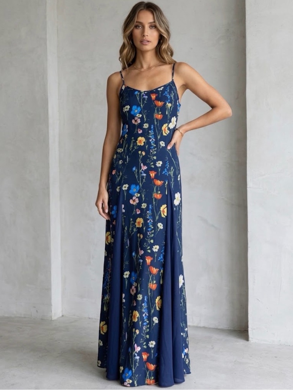 Navy Floral Spaghetti-Strap Maxi Dress